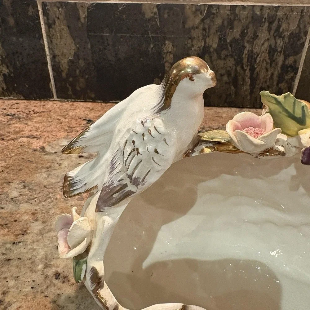Antique French Vieux Paris Porcelain Bird Centerpiece Bowl Oak Leaf Gold Gilt